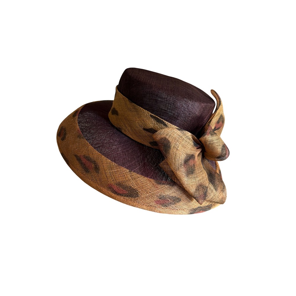 August Straw Hat Burgundy Leopard Print Bow Sinamay Wide Brim Formal Pillbox Hat